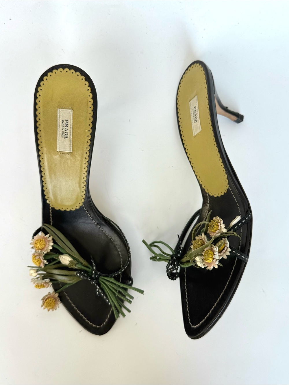 Vintage Prada Black kitten heel sandals with leather Flowers size 37.5 - Picture 2 of 6